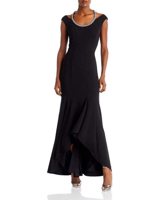 Aqua Black Embellished Scuba Evening Dress