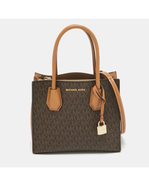 Michael Kors Brown /beige Signature Coated Canvas And Leather Small Mercer Tote