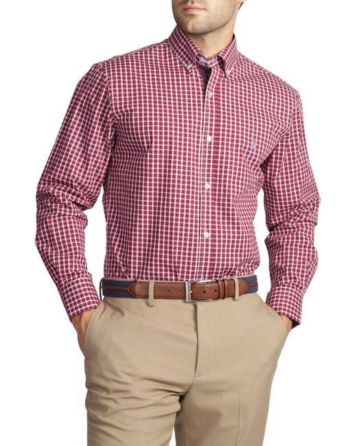 Tailorbyrd Red Merlot Mini Windowpane Cotton Stretch Long Sleeve Shirt for men