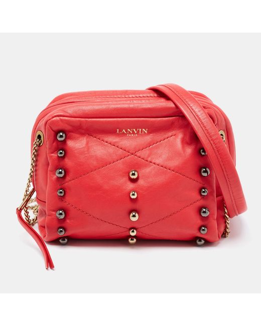 Lanvin Red Coral Leather Sugar Studded Shoulder Bag