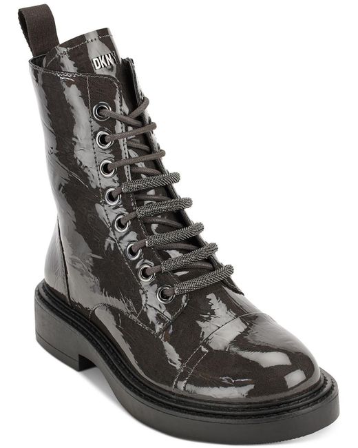 DKNY Black Malaya Patent Leather Ankle Combat & Lace-up Boots