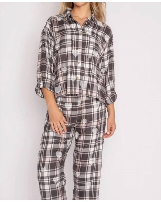 Pj Salvage Gray Mad For Plaid Long Sleeve Pajama Top