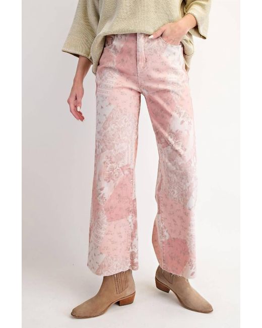 Easel Pink Patchwork Print Stretch Twill Pants