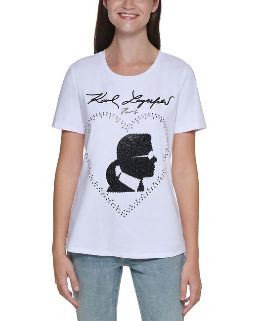Karl Lagerfeld White Silhouette Embellished Crewneck Graphic T-shirt