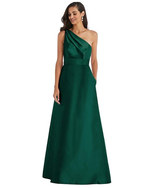Alfred Sung Green Draped One-shoulder Satin Maxi Dress With Pockets