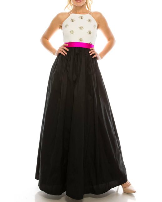 Aidan Mattox Black Embellished Halter A-Line Dress