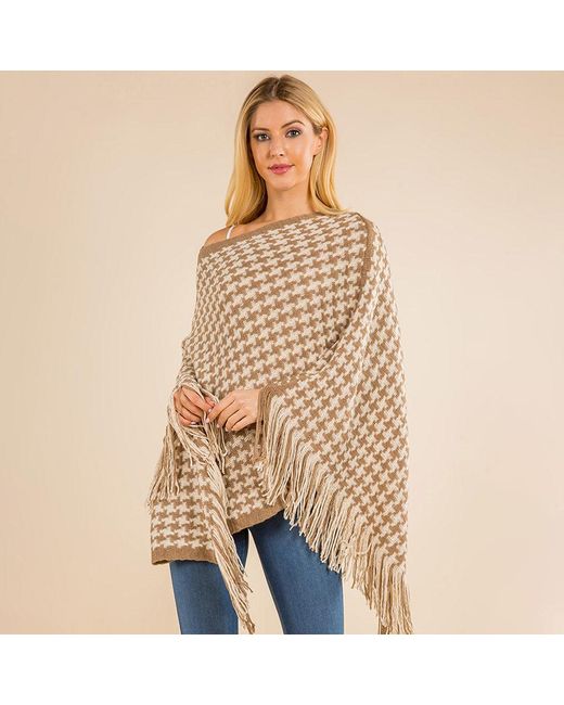 TRUEDAMES Women's Natural Fringe Hem Houndstooth Knit Poncho