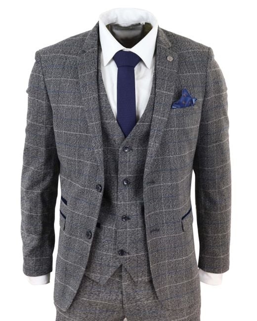 Marc Darcy Blue Scott 3 Piece Suit Herringbone Tweed for men