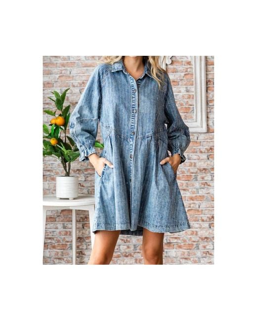 Veveret Blue Rhinestone Stripe Denim Dress