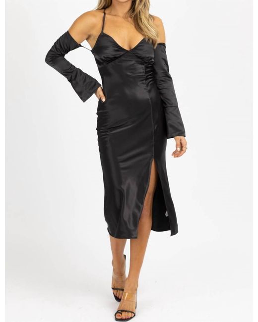 emory park Black Satin Maxi Dress W/ Long Cuff-sleeve