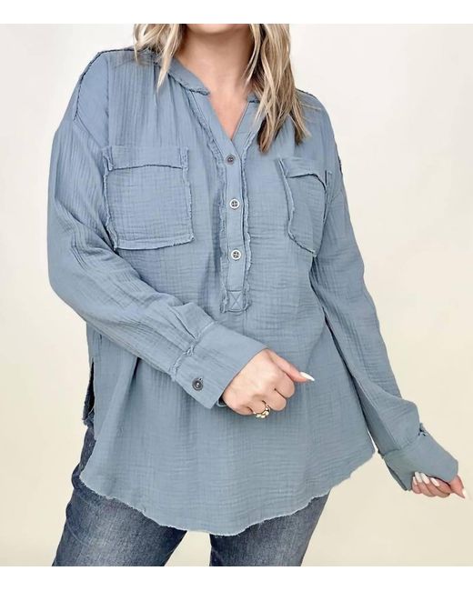 Zenana Blue Gauze Split Neck Button Front Top
