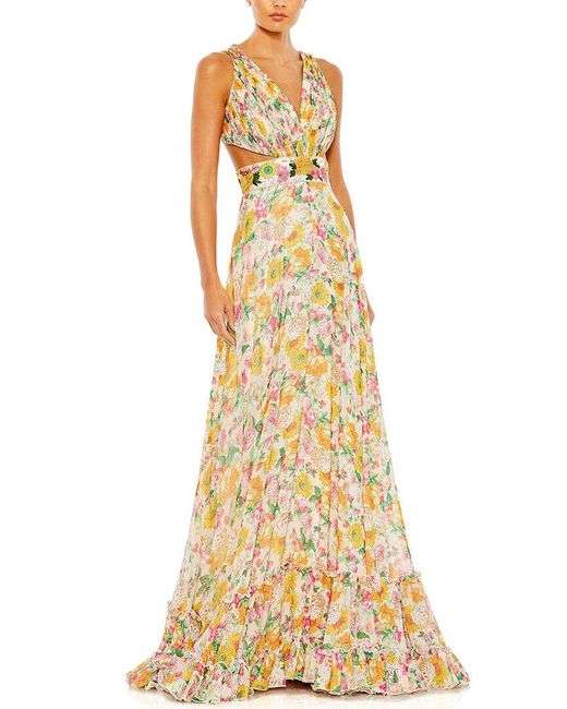 Mac Duggal Metallic Floral Print Cut Out Lace Up Tiered Gown