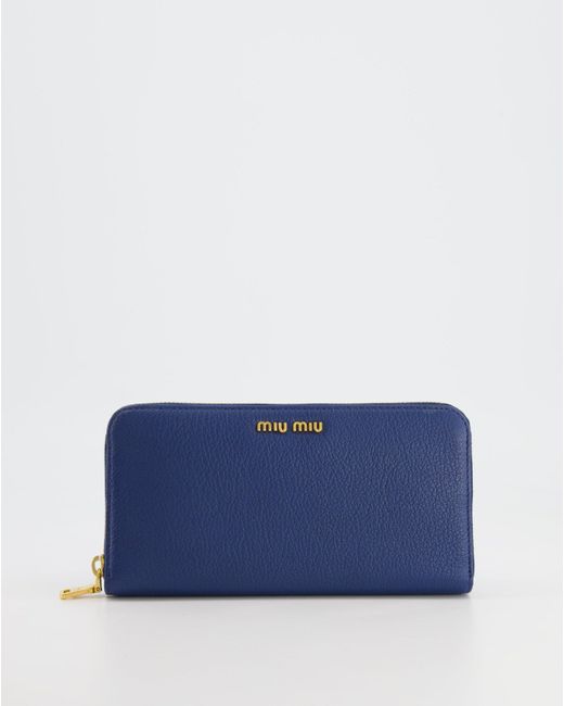 Miu Miu Blue Navy Leather Zipped Wallet With Gold Logo Rrp £520