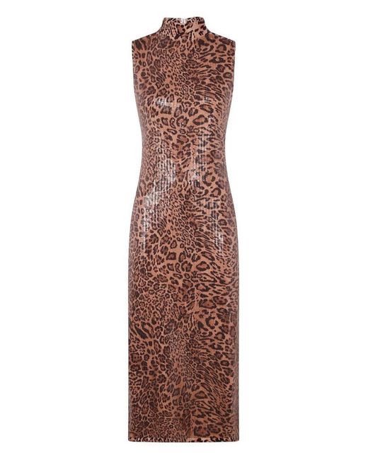 Twinset Brown Form-Fitting Sleeveless Dress With Leopard Print And Sequin Detailing