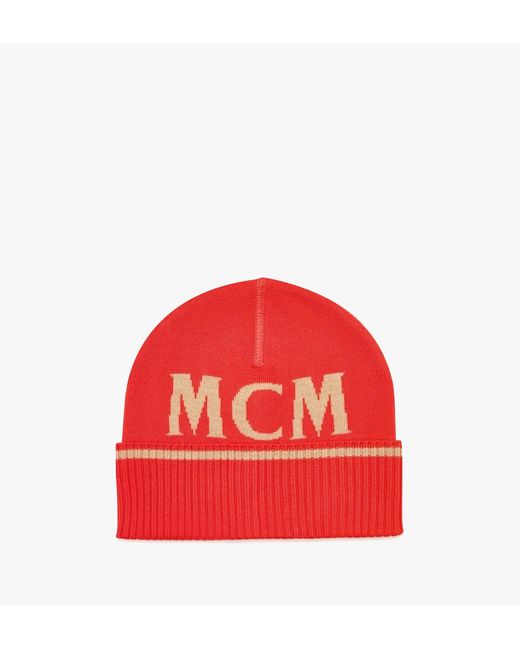 MCM Red Intarsia Logo Wool Beanie for men