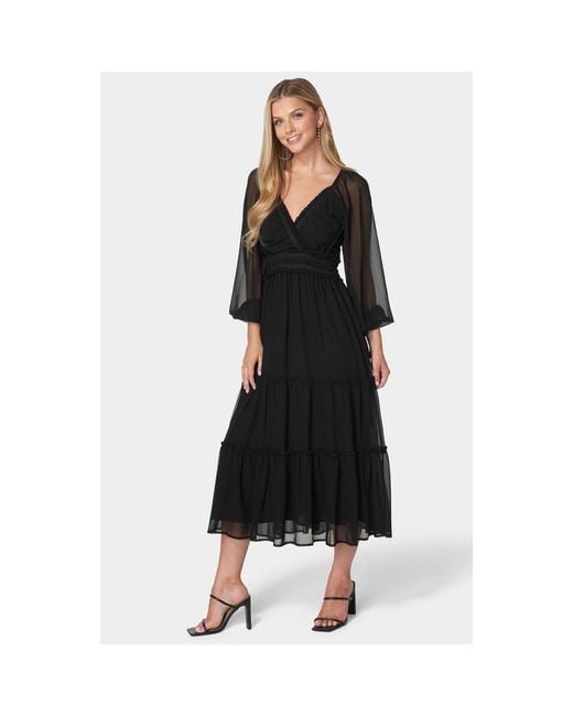 Bebe Black Lace Up Back Chiffon Midi Dress