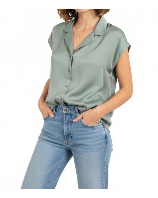 Miou Muse Blue Button Down Cap Sleeve Top