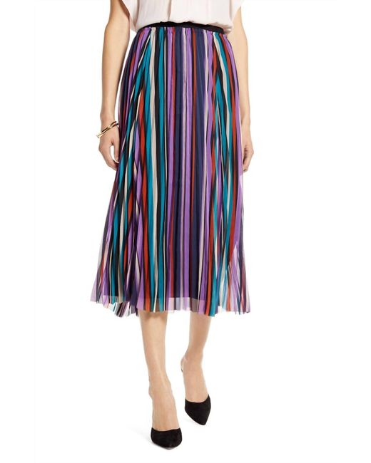 Halogen® Blue Striped Pleated Elastic Waist Midi Skirt Pleated Chiffon