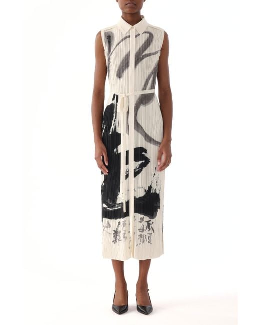Jason Wu White Pleated Sleeveless Shirtdress With Artwork By Tong Yang Tze