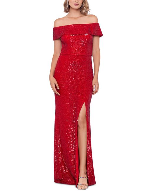 Xscape Red Fold-over Sequined Evening Dress