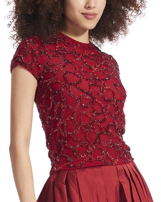 EMILY SHALANT Red Crystal Loopy Bow Hand Beaded Top