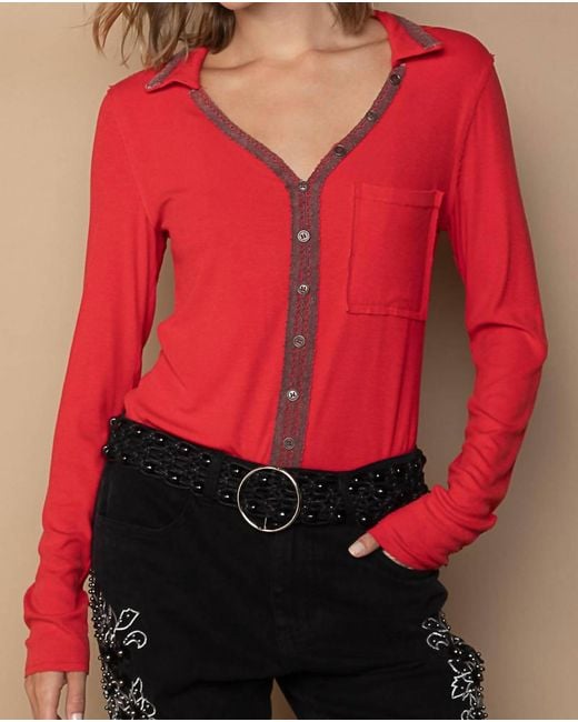 Pol Red Vneck Ribbed Top