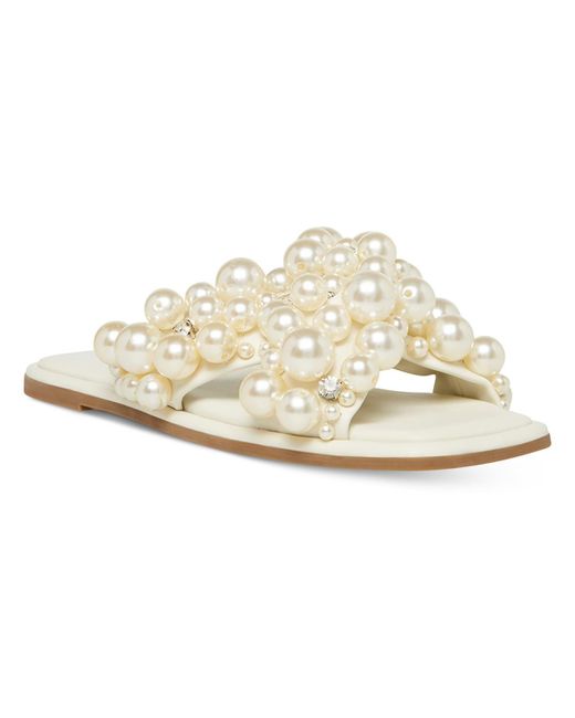 Steve Madden White Duri Embellished Imitation Pearl Slide Sandals