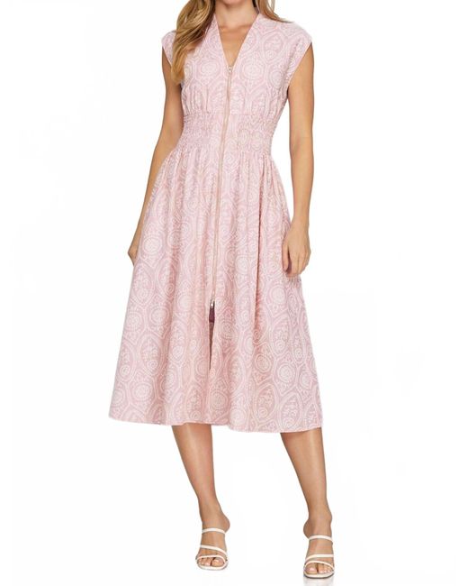 She + Sky Pink Drop Shoulder Smocked Waist Front Zip Eyelet Printed Midi Dress