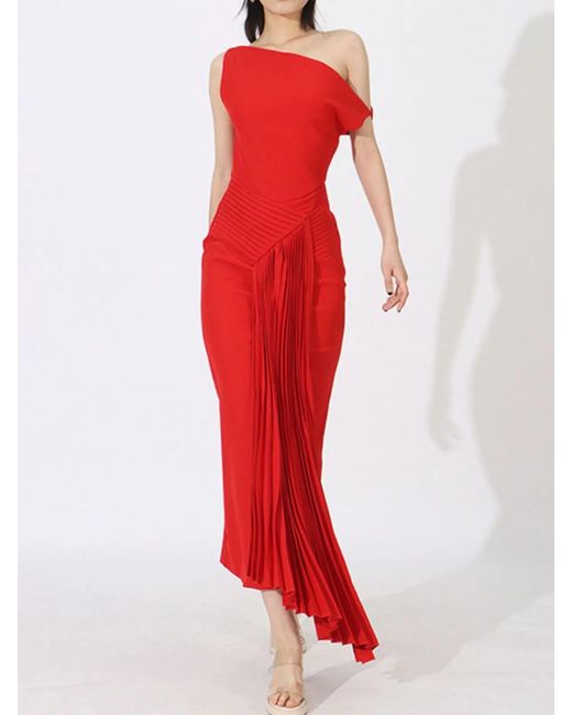 TRUEDAMES Red Single Shoulder Pleated Dress