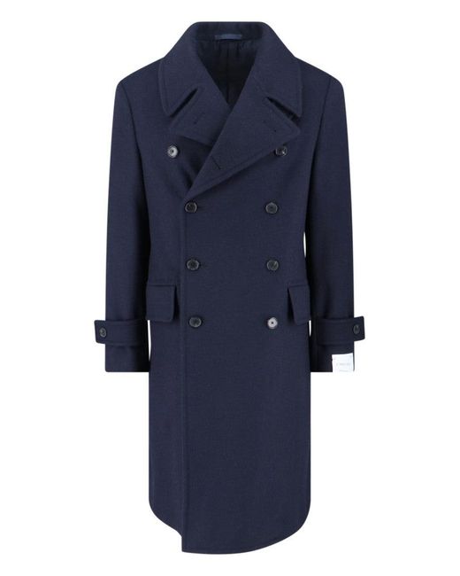 Caruso Blue Double-Breasted Wool Coat With Classic Lapel for men