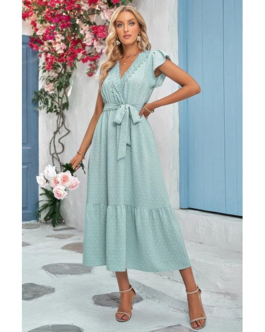 TRUEDAMES Blue Solid Deep V Dot Lace Belt Long Dress