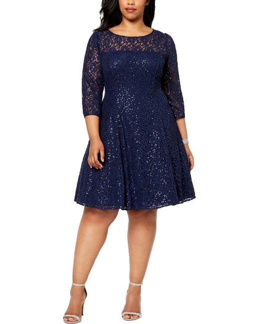 SLNY Blue Sequined Lace Cocktail Dress