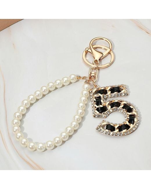 Fashnzfab Metallic Faux Leather Threaded Number Five Pearl Beaded Keychain Bag Charm