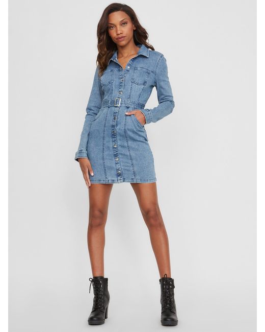 Guess Factory Valaria Belted Denim Dress in Blue | Lyst
