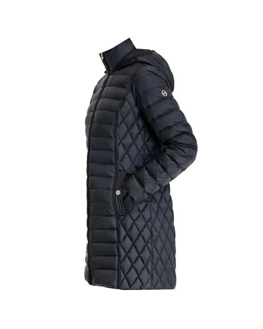 MICHAEL Michael Kors Blue Black Hooded Down Packable Jacket Coat With Removable Hood 3/4 Length Long
