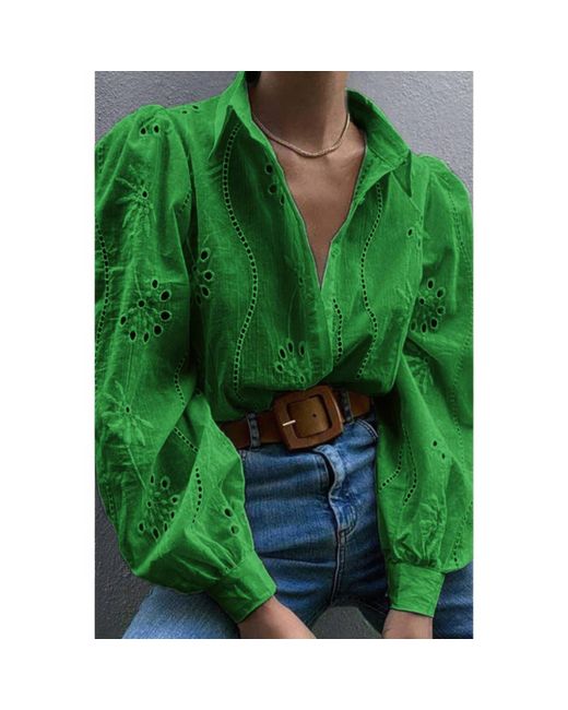 TRUEDAMES Green Hollow Out Solid Button Puff Sleeves Blouse