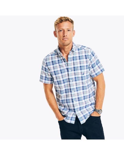 Nautica Blue Sustainably Crafted Plaid Short-sleeve Shirt for men