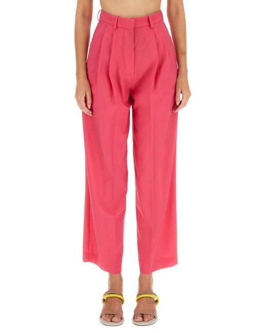 Alysi Pink High-Waisted Wool Pants With Pleated Front