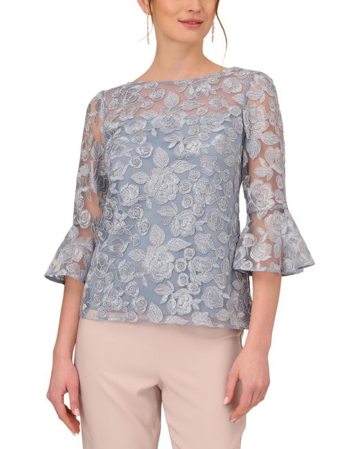 Adrianna Papell Gray Embroidered Blouse