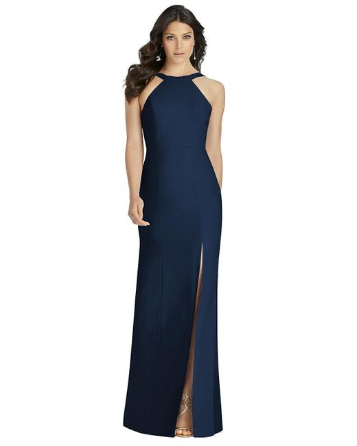 Dessy Collection Blue High-neck Backless Crepe Trumpet Gown