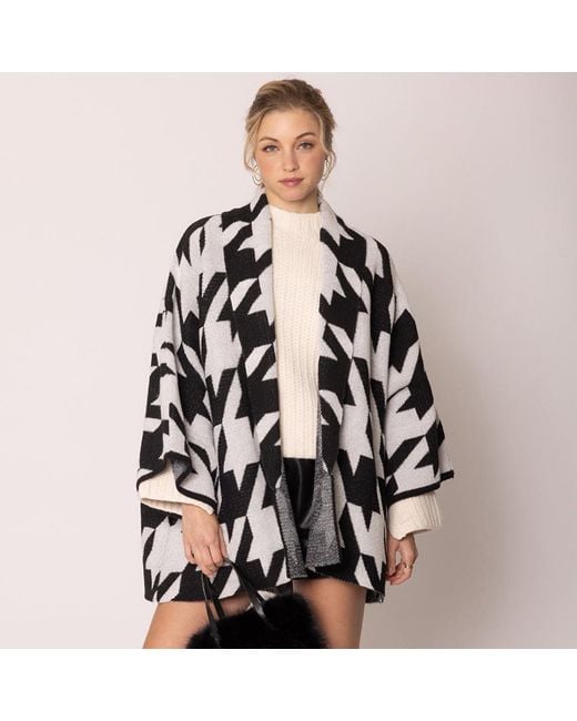 TRUEDAMES Black Open Front Houndstooth Knit Pattern Cardigan