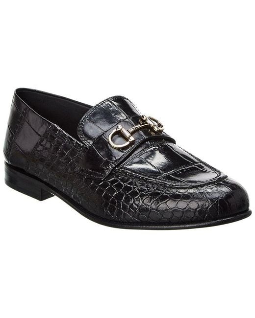 Ferragamo Black Ferragamo Ottone Croc-embossed Leather Loafer