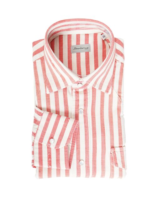 Sartorio Napoli Pink Jumbo Pinstripe Denim Snap Button Cotton Overshirt for men