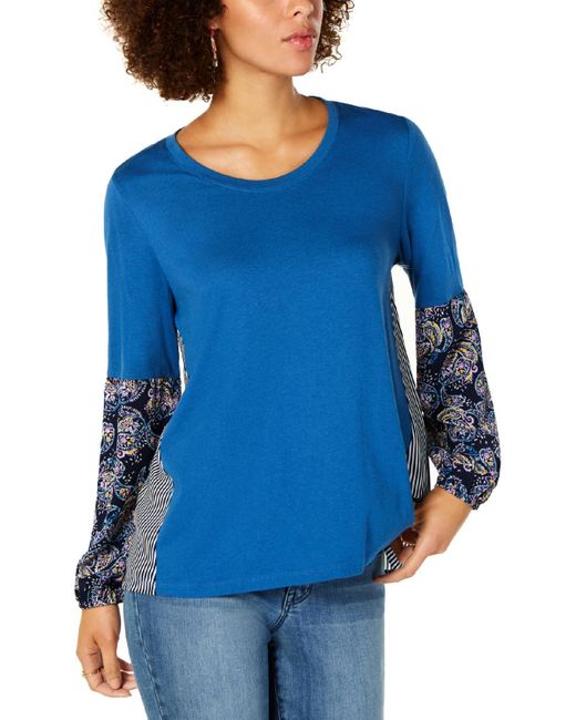 Style & Co. Blue Printed Crew Neck Pullover Top