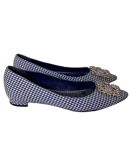 Manolo Blahnik Blue Plaid Print Crystal Embellishments Flats