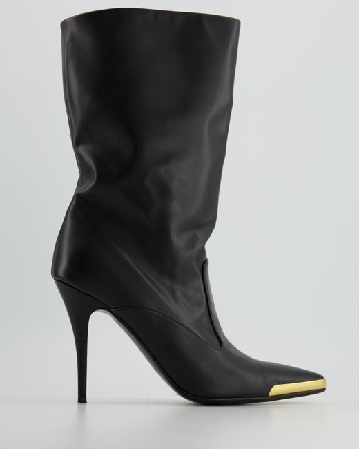Stella McCartney Black Pointed Leather Mid Ankle Boots And Gold Toe Details