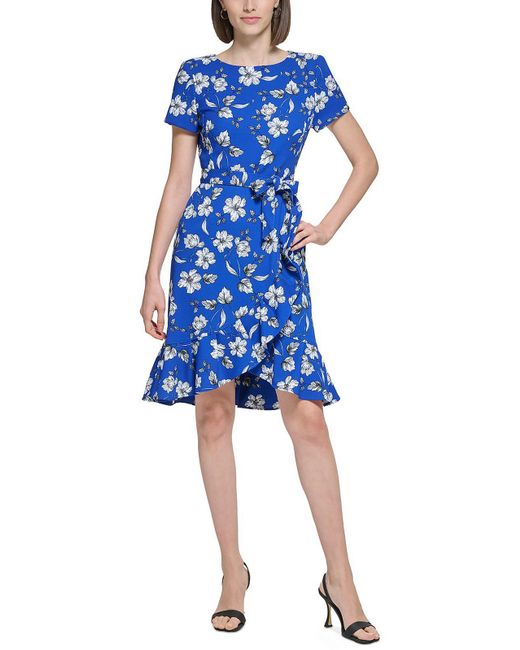 Calvin Klein Blue Petites Floral Print Crepe Fit & Flare Dress