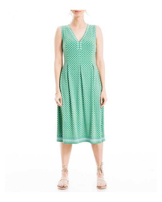 Max Studio Green Pleated V-neck Mini Dress