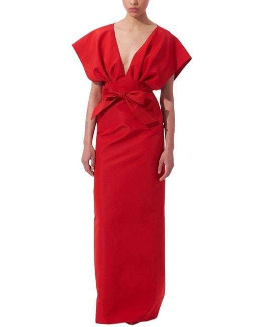 Carolina Herrera Red V-Neck Fan Bodice Silk Column Gown
