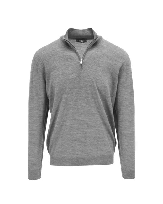 Fedeli Gray Lightweight Wool Quarter Zip Jacket for men